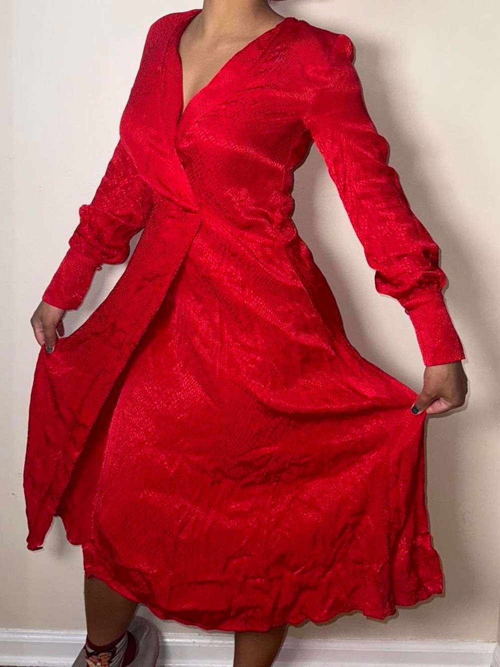 H&M Red Long-Sleeve Wrap Midi Dress